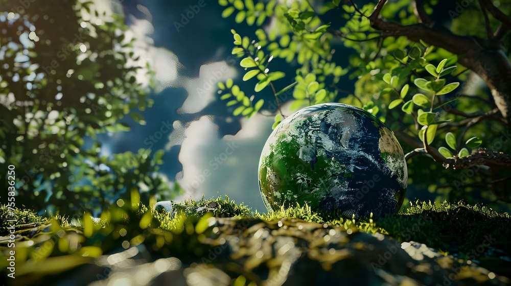 Globe in the forest. Environment conservation concept. 3D Rendering Globe in the forest. Environment conservation concept. 3D Rendering