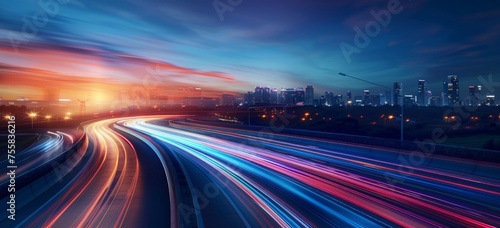 Sleek highway with city skyline in the background illuminated in the style of dynamic light trails and motion blur Generative AI