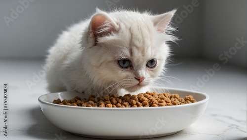 Happy domestic kitten eating kitten food from a white plate. Scandinavian style kitchen. Pet health and nutrition.