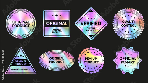 Secure holographic stickers. Original quality iridescent labels, verified product badges and official seals with holo foil gradient vector set