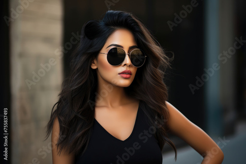 Stylish woman with flowing hair and sunglasses, embodying urban chic in a sleek black outfit.
