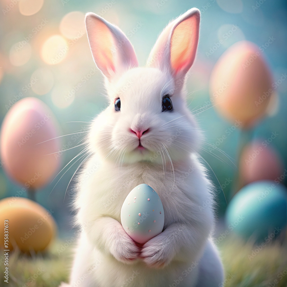 a cute white bunny with an Easter egg in its paws a cute white bunny with an Easter egg in its paws