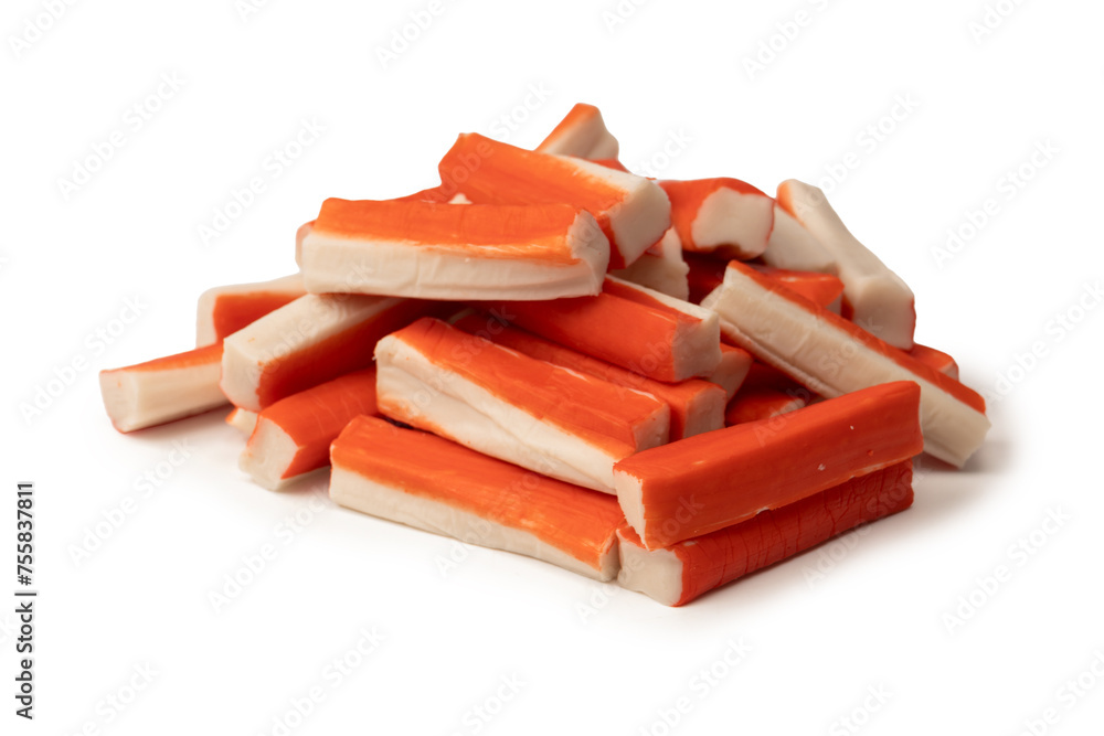 A group of crab sticks isolated on white background. A group of crab sticks isolated on white background.