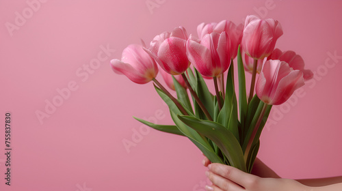 Female hand holds spring bouquet of tulips, generative ai © Saleem