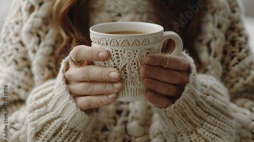 Female hands hold mock up white empty mug, cup for your design and logo close-up. Woman in beige warm knitted sweater autumn winter. . generative ai 