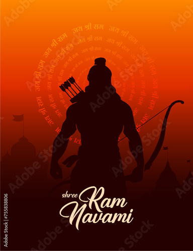 Shree Ram Navami, vector Illustration, the silhouette of Lord Ram bow arrow and Ayodhya Ram temple background, Social media post, Poster, and, Banner design template. 
