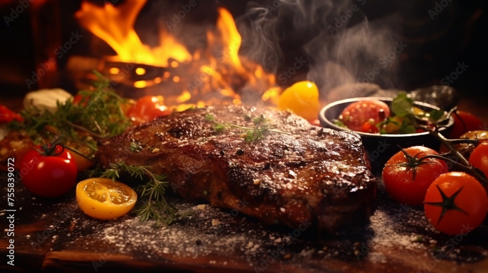 Appealing steaks, salt and pepper creating a perfect crust Appealing steaks, salt and pepper creating a perfect crust