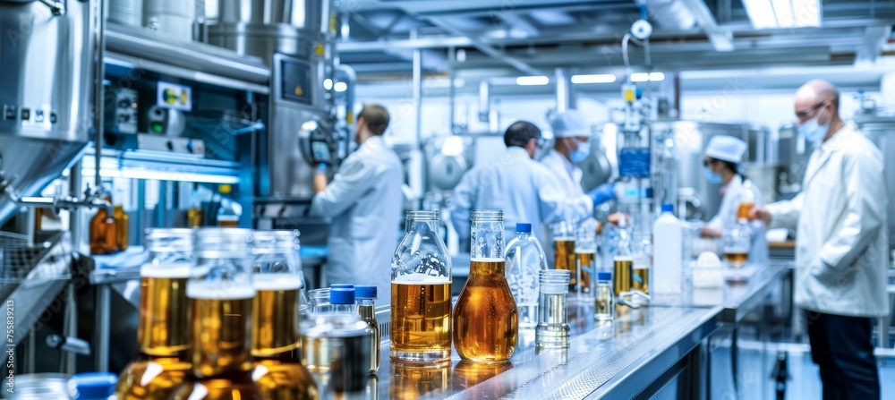Modern beer production with lab technicians in stainless steel brewery for scientific brand Modern beer production with lab technicians in stainless steel brewery for scientific brand