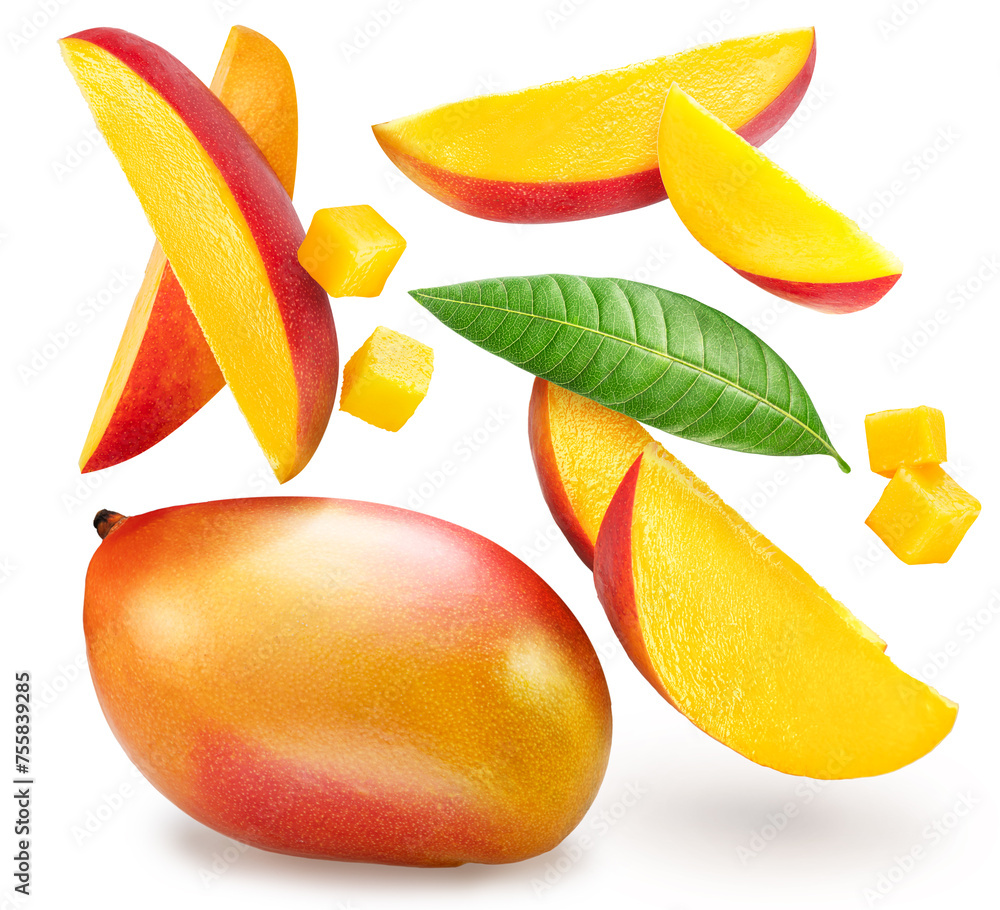 Mango fruits and mango slices levitating in air on white background. File contains clipping paths. Mango fruits and mango slices levitating in air on white background. File contains clipping paths.