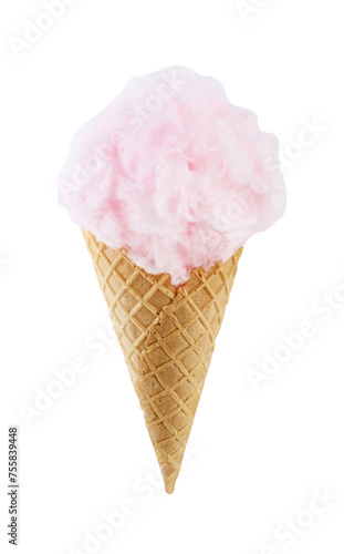 Sweet cotton candy in waffle cone isolated on white