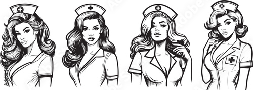 60s and 70s pin-up style portrait of a girl in a nurse outfit, enticing flirtatious look, black vector graphic photo