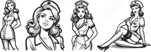 attractive pin-up women in nurse outfits, flirtatious and charming, black vector graphic photo