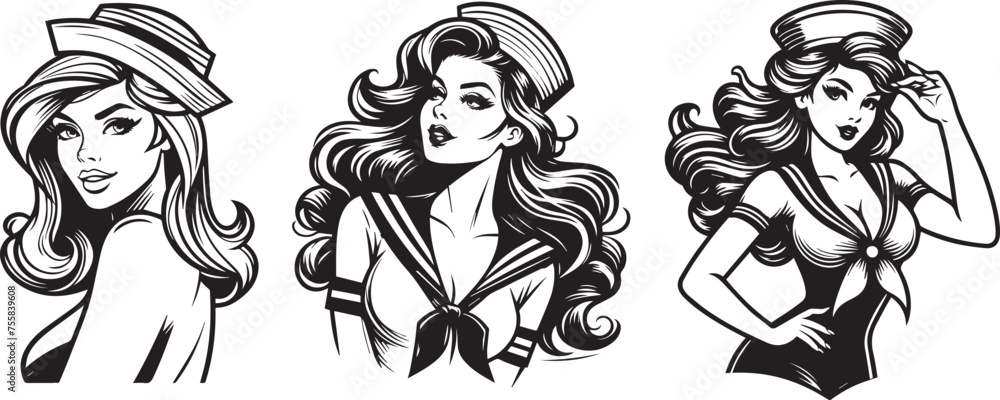 beautiful and enticing pin-up girls, coquettish and charming, black vector graphic
