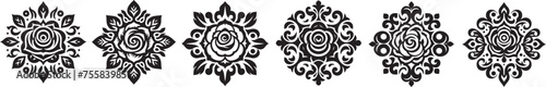 retro vintage decorated roses, ornamental design, black vector graphic