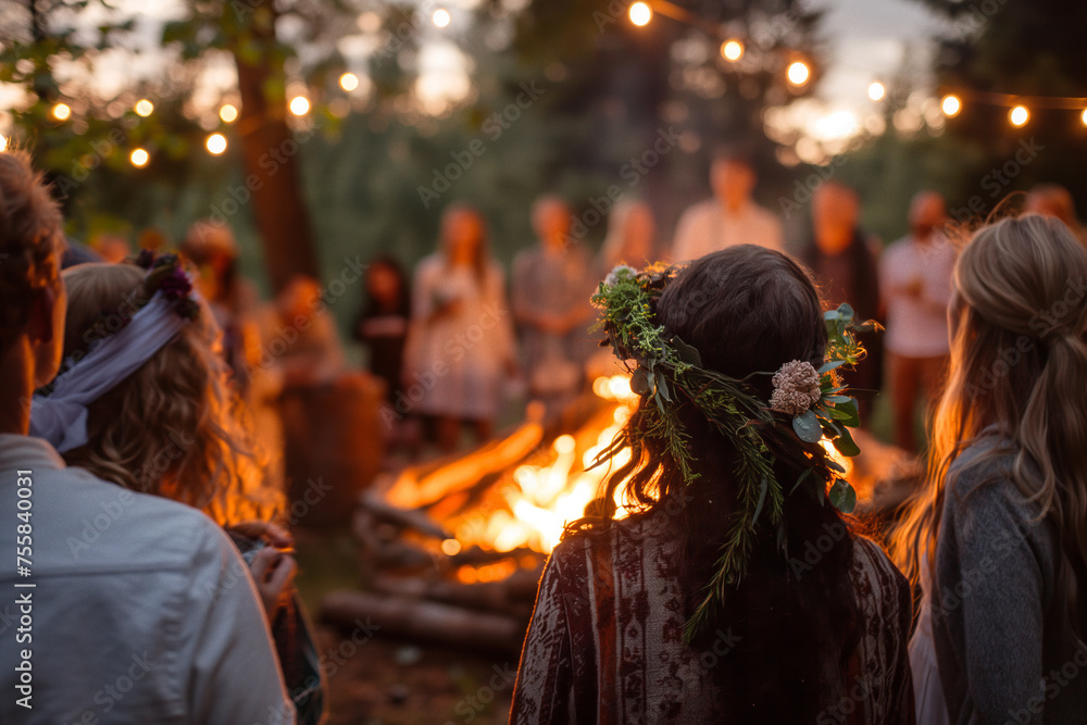 Group of friends sitting around a midsummer bonfire