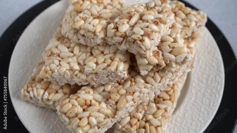 Sweet puffed rice. Food dessert crispy cracker with sugar. Sweet puffed rice. Food dessert crispy cracker with sugar.