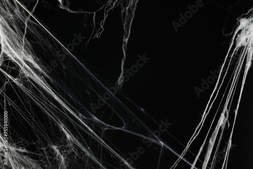 Creepy white cobweb on black background, closeup