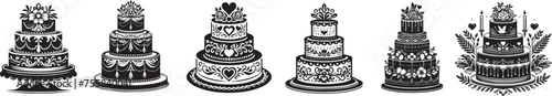 wedding cake collection, sweet desserts, black vector graphic laser cutting engraving photo