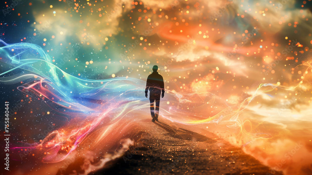 A man walking on a surreal path with vibrant, colorful cosmic energy swirling around in a dream-like fantasy setting.