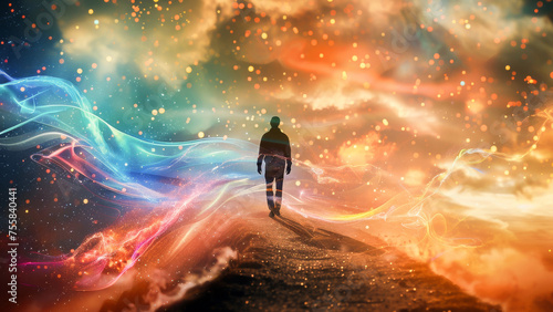 A man walking on a surreal path with vibrant  colorful cosmic energy swirling around in a dream-like fantasy setting.