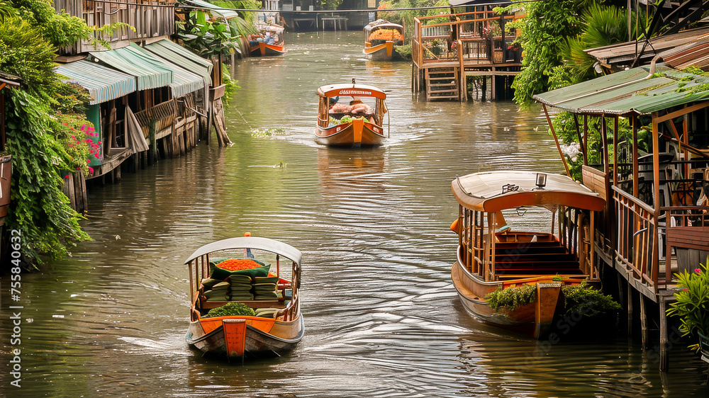 Obraz premium Scenic view of traditional boats on a bustling canal in a Bangkok floating market, with wooden houses and tourists enjoying the ride.