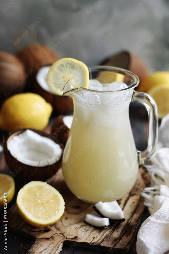 Coconut lemonade in a jug with lemons Coconut lemonade in a jug with lemons
