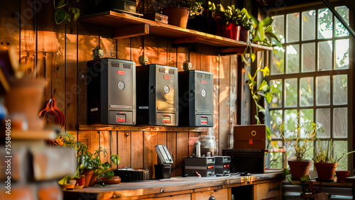 A cozy coffee shop interior with vintage espresso machines on wooden shelves, plants, and warm sunlight.