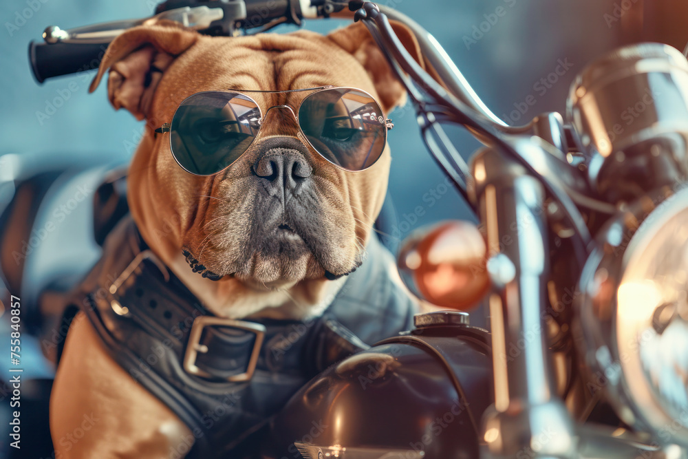 The Cool Canine Biker. A bulldog exudes coolness while wearing sunglasses and sitting on a motorcycle, humorously embodying the spirit of a laid-back biker. The Cool Canine Biker. A bulldog exudes coolness while wearing sunglasses and sitting on a motorcycle, humorously embodying the spirit of a laid-back biker.