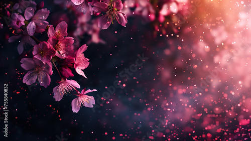 Glitter Sakura flowers on dark background with bokeh. Cherry blossom with copy space.	
