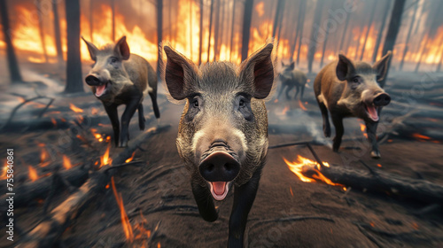 A group of wild boars running through the burning forest in panic. Close up of a wild boar with open mouth and panicked look. Emotional appeal for rescue. Concept image of climate protection.