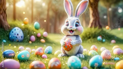 Wallpaper Mural A cute and cheerful Easter bunny sits on a green lawn surrounded by Easter eggs and sweets Torontodigital.ca