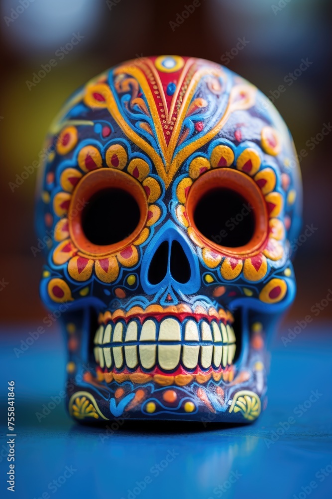 Concept of day of the dead or halloween. Decoration for the interior in the form of a painted skull.