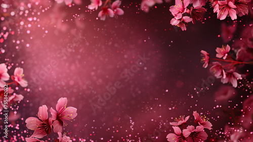 Glitter Sakura flowers on dark background with bokeh. Cherry blossom with copy space. 
