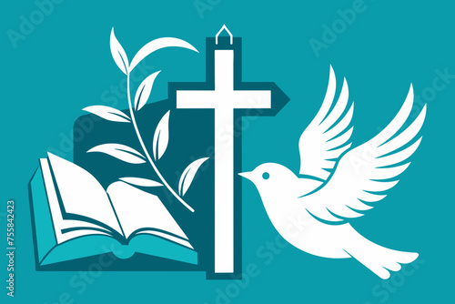 silhouette of holy bible with cross dove fish illustration 