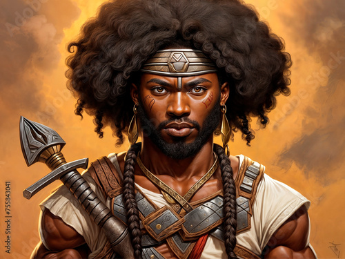  Black warrior with an afro and braids stands in front of a crowd of soldiers.