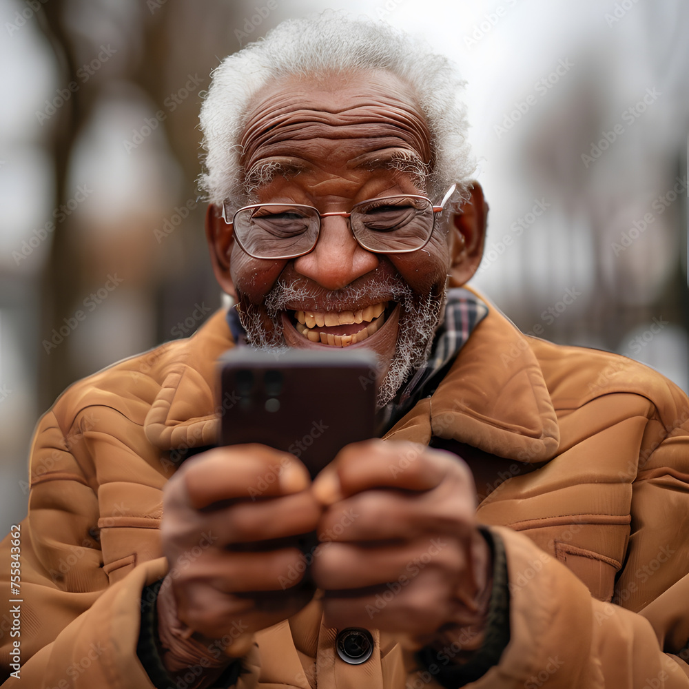 Happy senior laughing and using a phone. Happy senior laughing and using a phone.