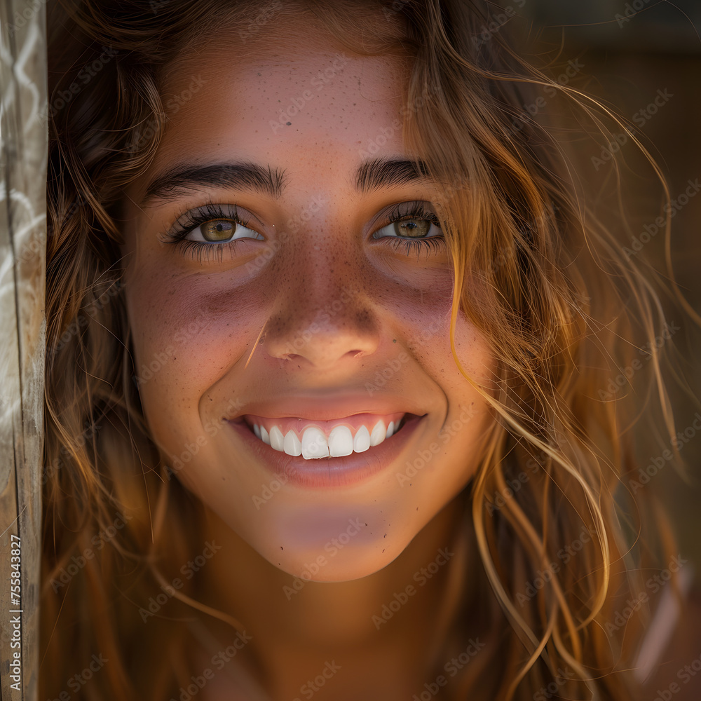 A close-up portrait of a young woman smiling on a sunny day. She has perfect teeth and is looking at the camera. A close-up portrait of a young woman smiling on a sunny day. She has perfect teeth and is looking at the camera.