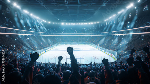 Wide angle of ice hockey fans at stadium are cheering for their team .