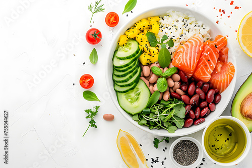 Healthy poke bowl salad meal of Salmon, avocado, cucumber, tomato, beans and rice on white background