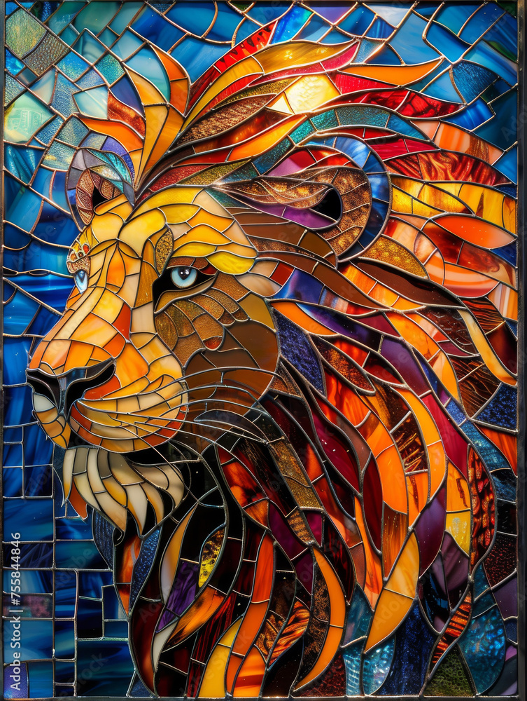 Vibrant stained glass artwork showcasing the fierce roar of a lion, depicted in a kaleidoscope of colors and intricate designs, bringing the majestic creature to life in a stunning display of stained