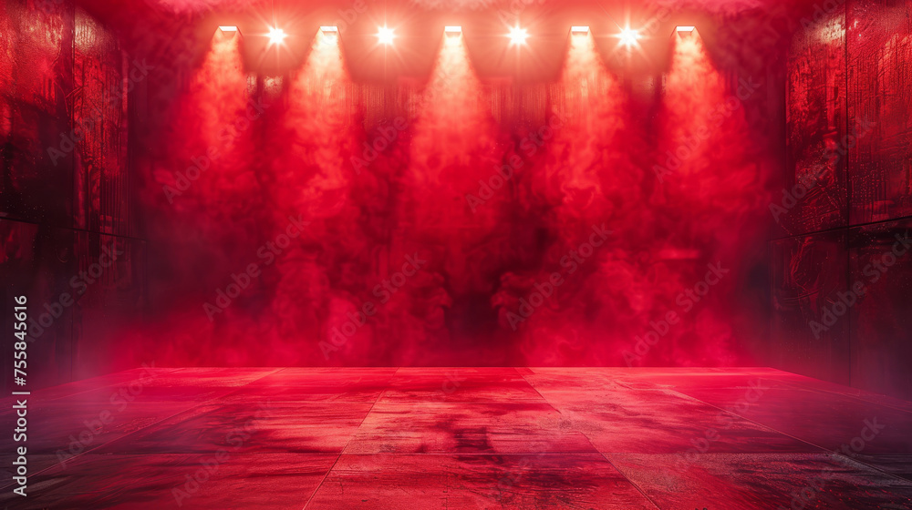 abstract dark red background illuminated by soft studio light, with an empty stage at the forefront