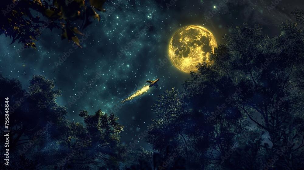 Fototapeta premium Golden turtle rocket under a full moon