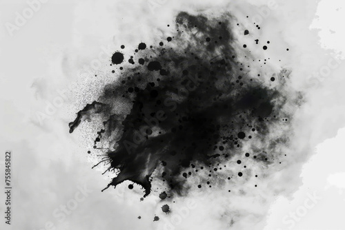 An explosive black ink splatter on a misty gray background, creating a dramatic and intense abstract composition.