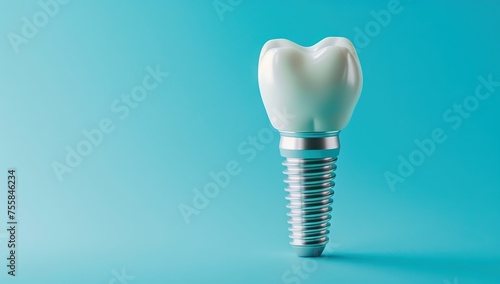 tooth implants on blue background, close up photo of one dental device isolated macro shot