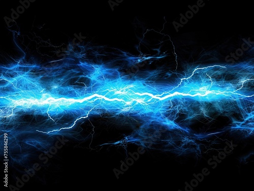 Lightning blue background with thunder, light effects, electricity and storm concept. Blue lightning on dark sky background