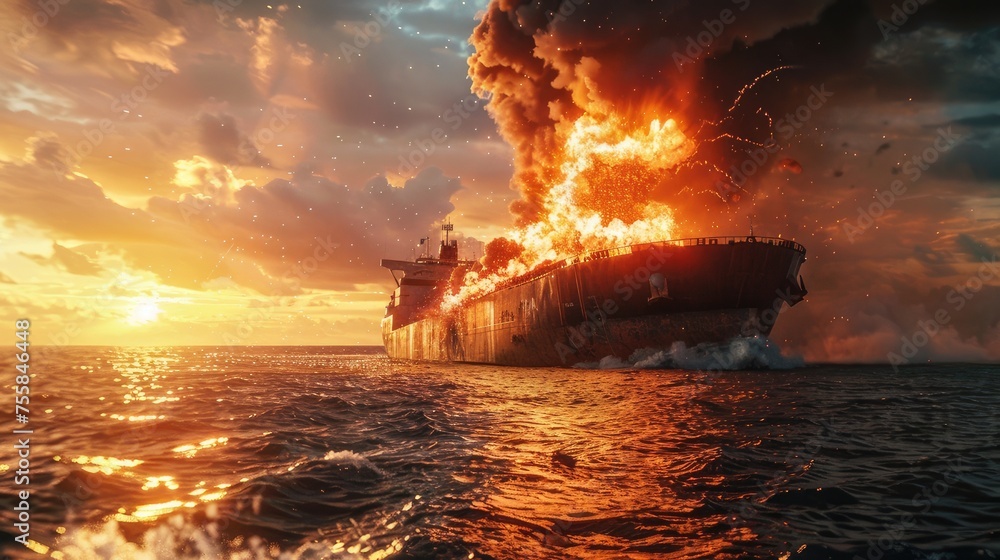 maritime emergency with a cargo ship explosion, showcasing the intense fire and smoke. Emphasize the risks and challenges in shipping logistics.