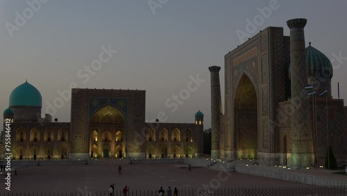 Tillya-Kari and Sherdor Madrasahs on Registan Square, night. Samarkand photo