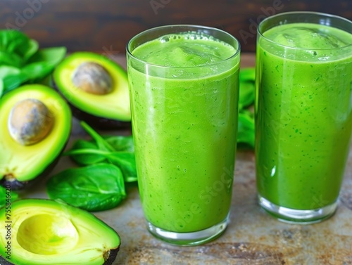two glasses filled with green smoothie, surrounded by avocados and spinach leaves. The clear glass is full of the vibrant color of avocado juice mixed in
