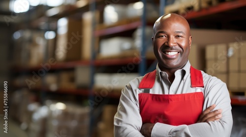 The warehouse worker stands confidently, a key player in the warehouse's efficient supply chain.
