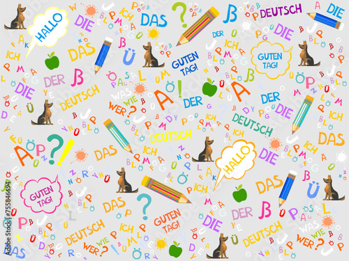 Deutsch. Translation: "German". German language pattern. Education concept. German language hand drawn doodles and lettering. Illustration for education, foreign language study. 
